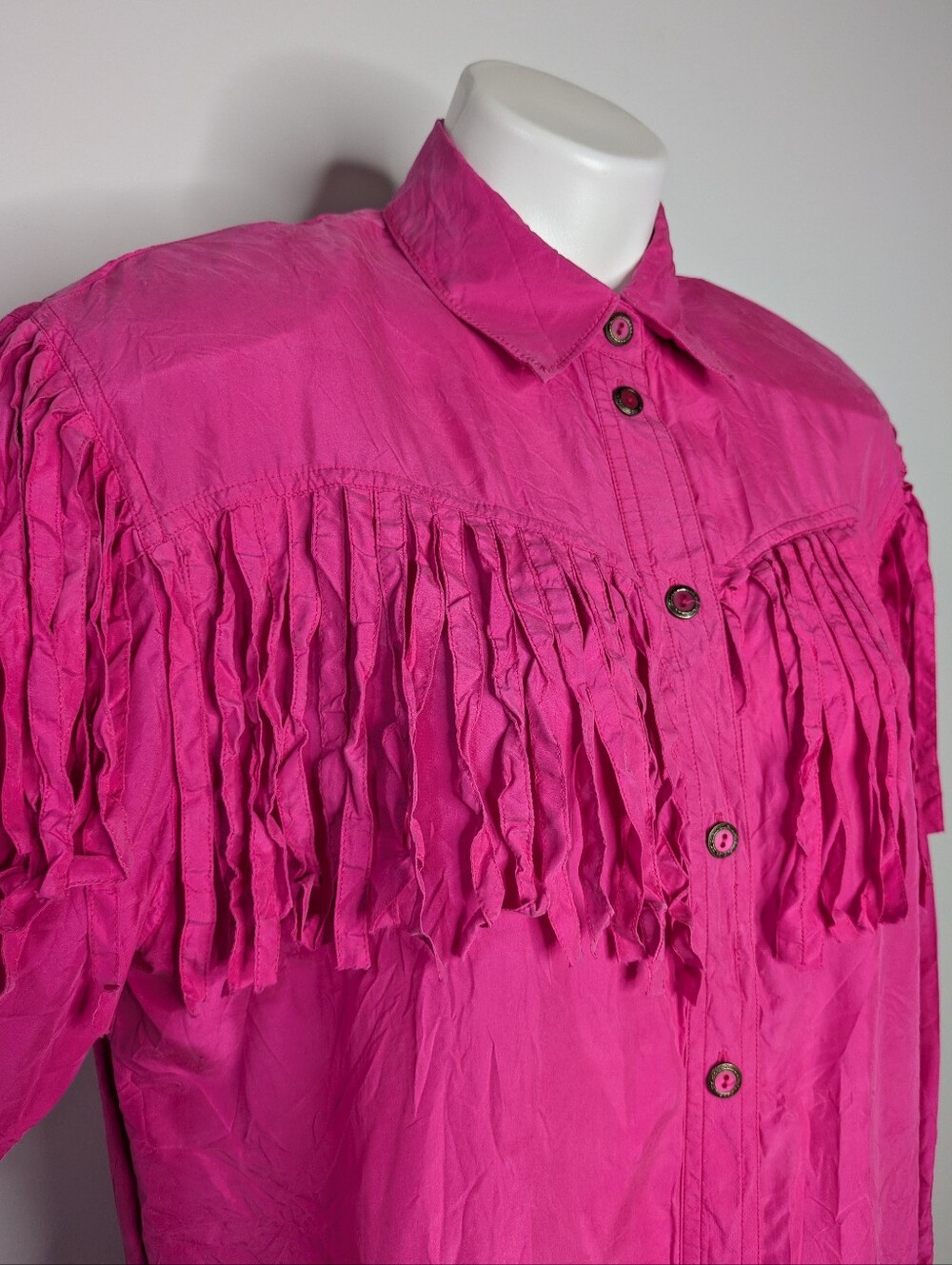 Vintage Palmer Pink Fringe Long Sleeve Silk Button Up M - Picture 3 of 8